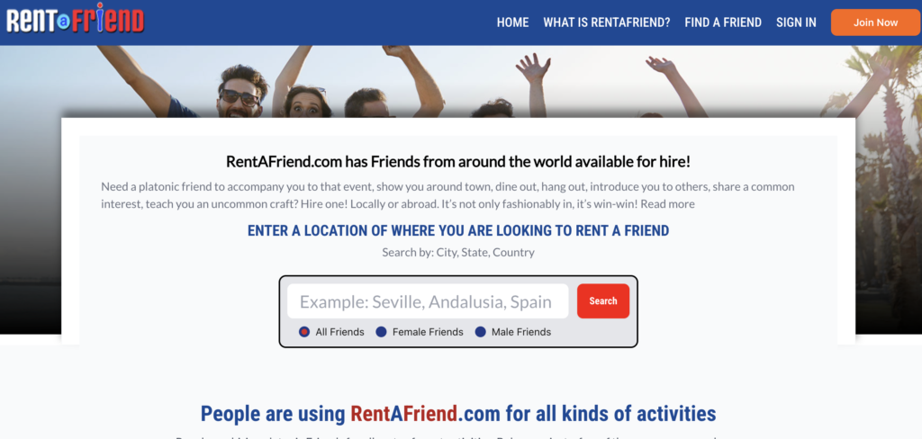 Capture écran du site https://rentafriend.com/
